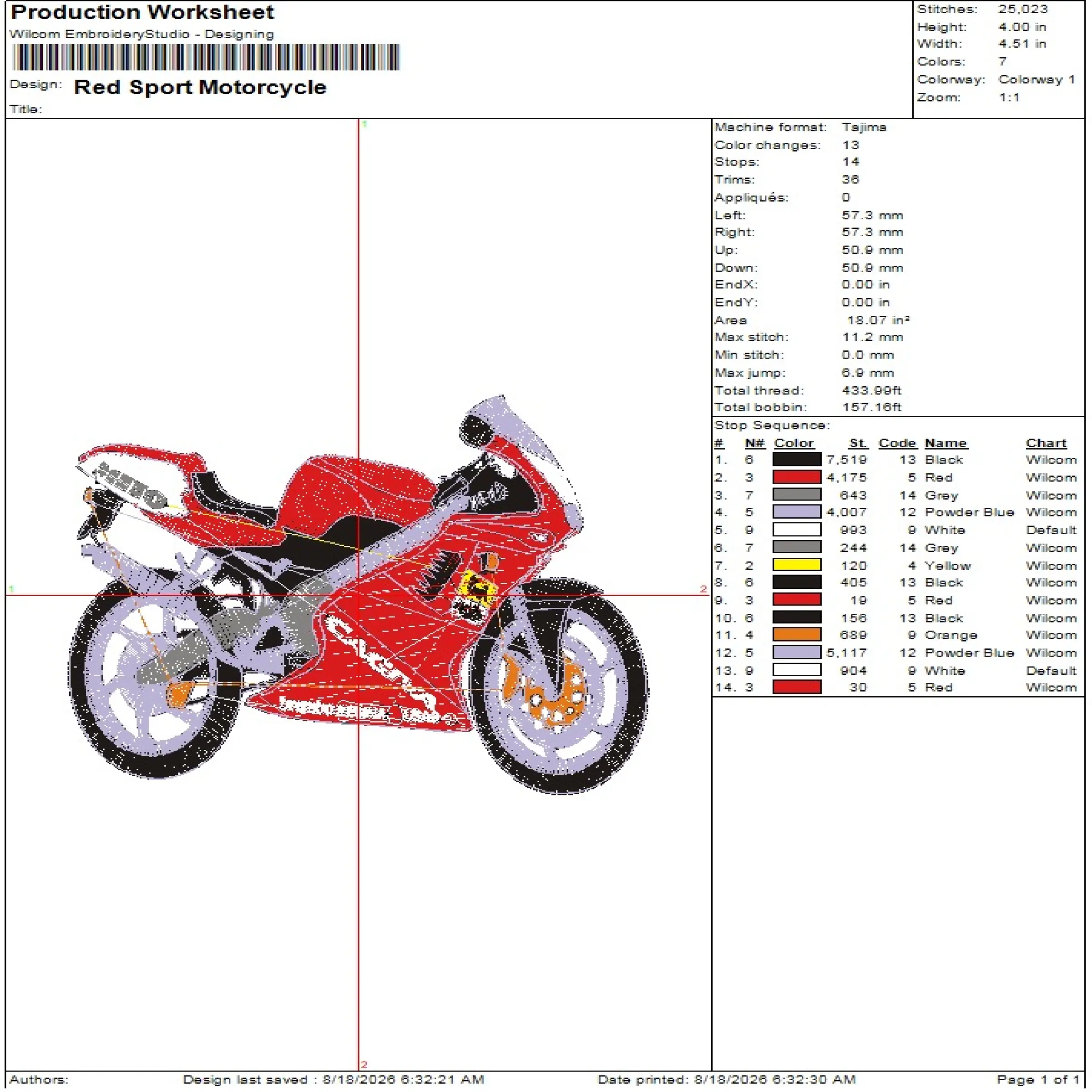Red Sport Motorcycle Embroidery Design | Wilcomstock